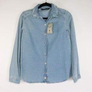 ZARA Trafaluc Distressed Denim Button Down Shirt Women’s Medium NWT